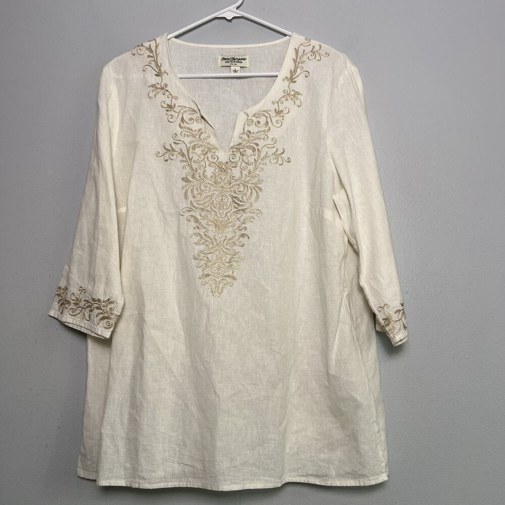 Norm Thompson Women's Linen Cotton Pullover Tunic White Embroidered Sz L
